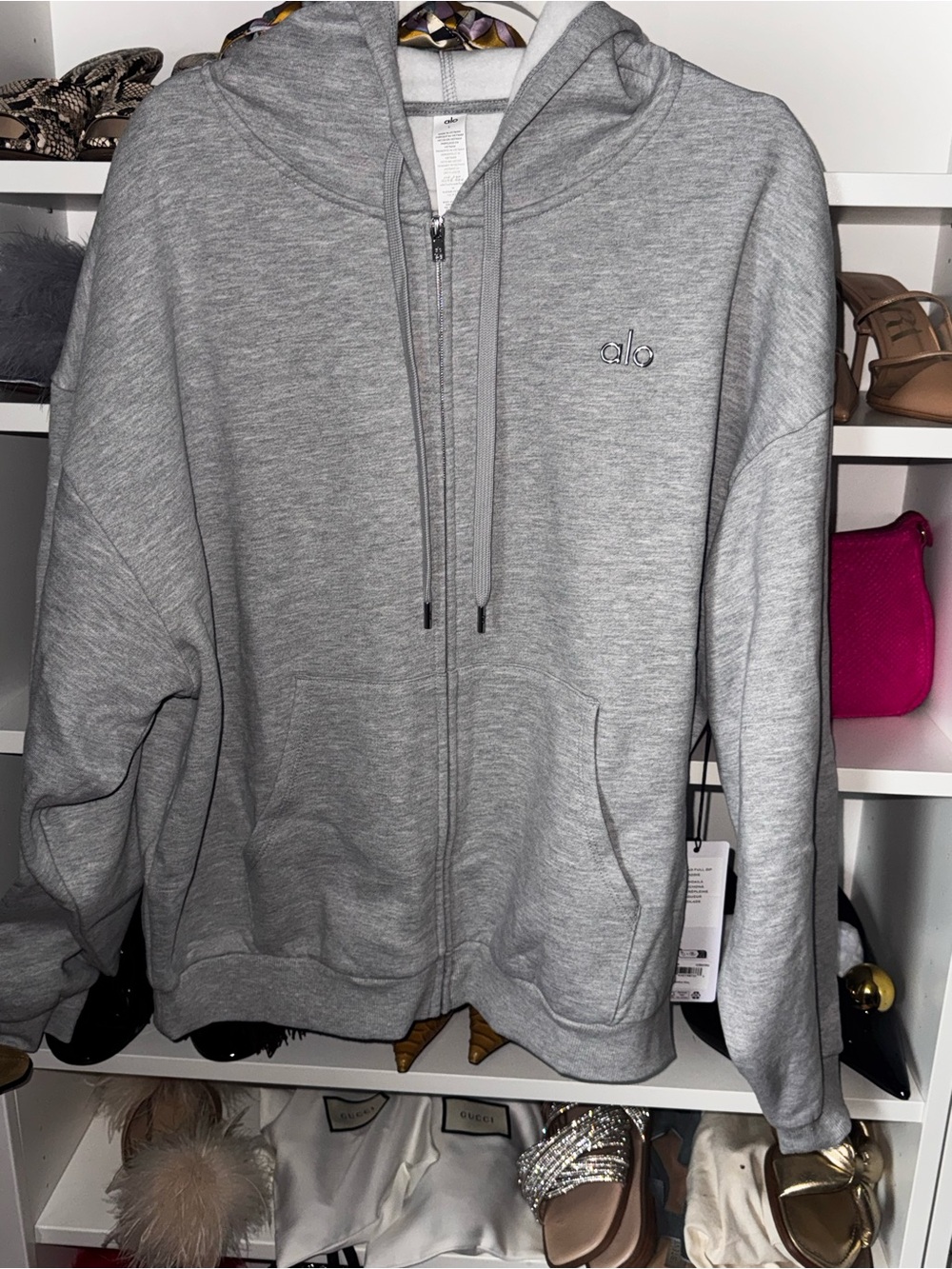 ALO Yoga Women’s Light Gray Zip-Up Hoodie Sweatshirt